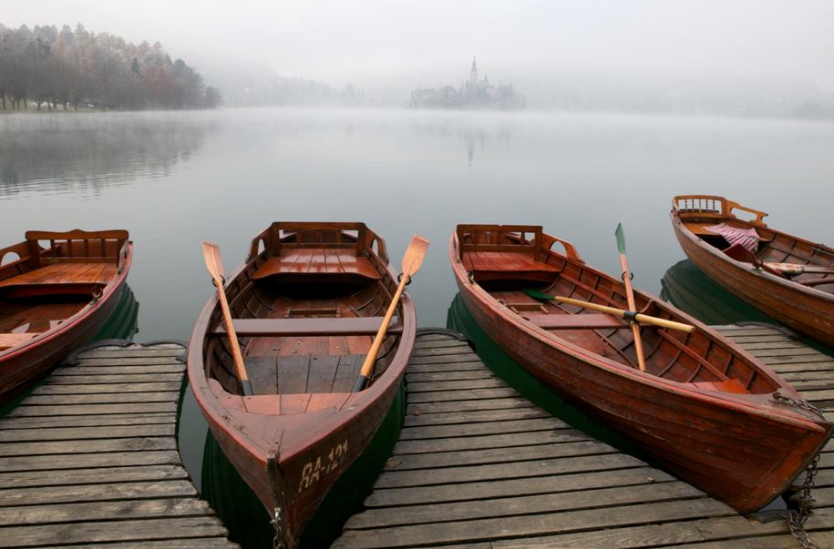 Row boats for rent on Lake Bled